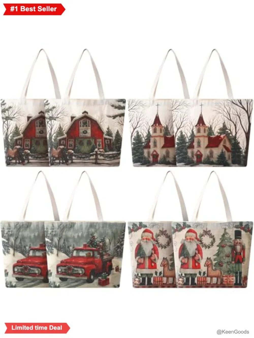 8 Pc Christmas Canvas Tote Bags Reusable Vintage Gift Bags Large